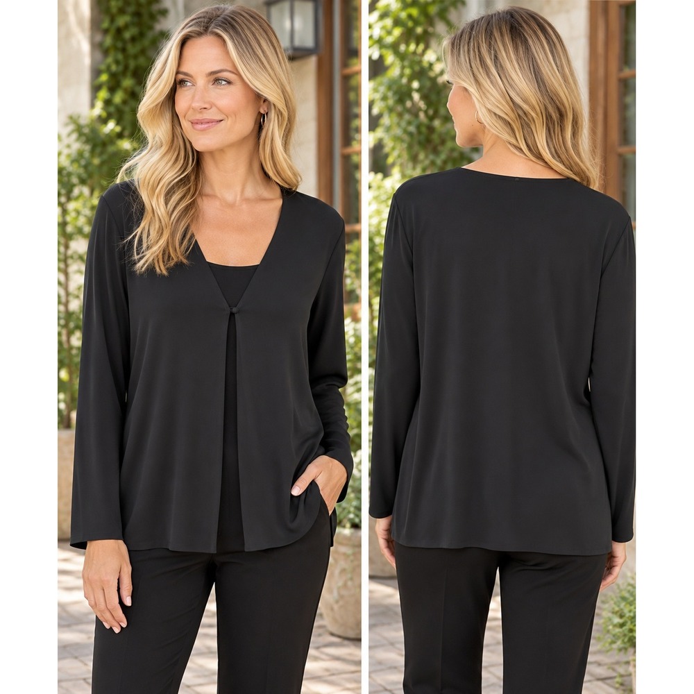 Eileen Fisher 100% Silk Blouse Women Large Black Open Front Long Sleeve